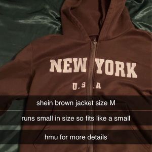 brown shein graphic lettering hooded jacket size medium but fits like a small
